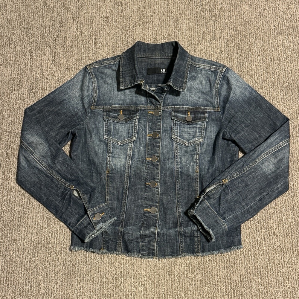 Kut From The Kloth Womens M Jean Jacket Trucker Denim Raw Hem Stretch Dark Wash